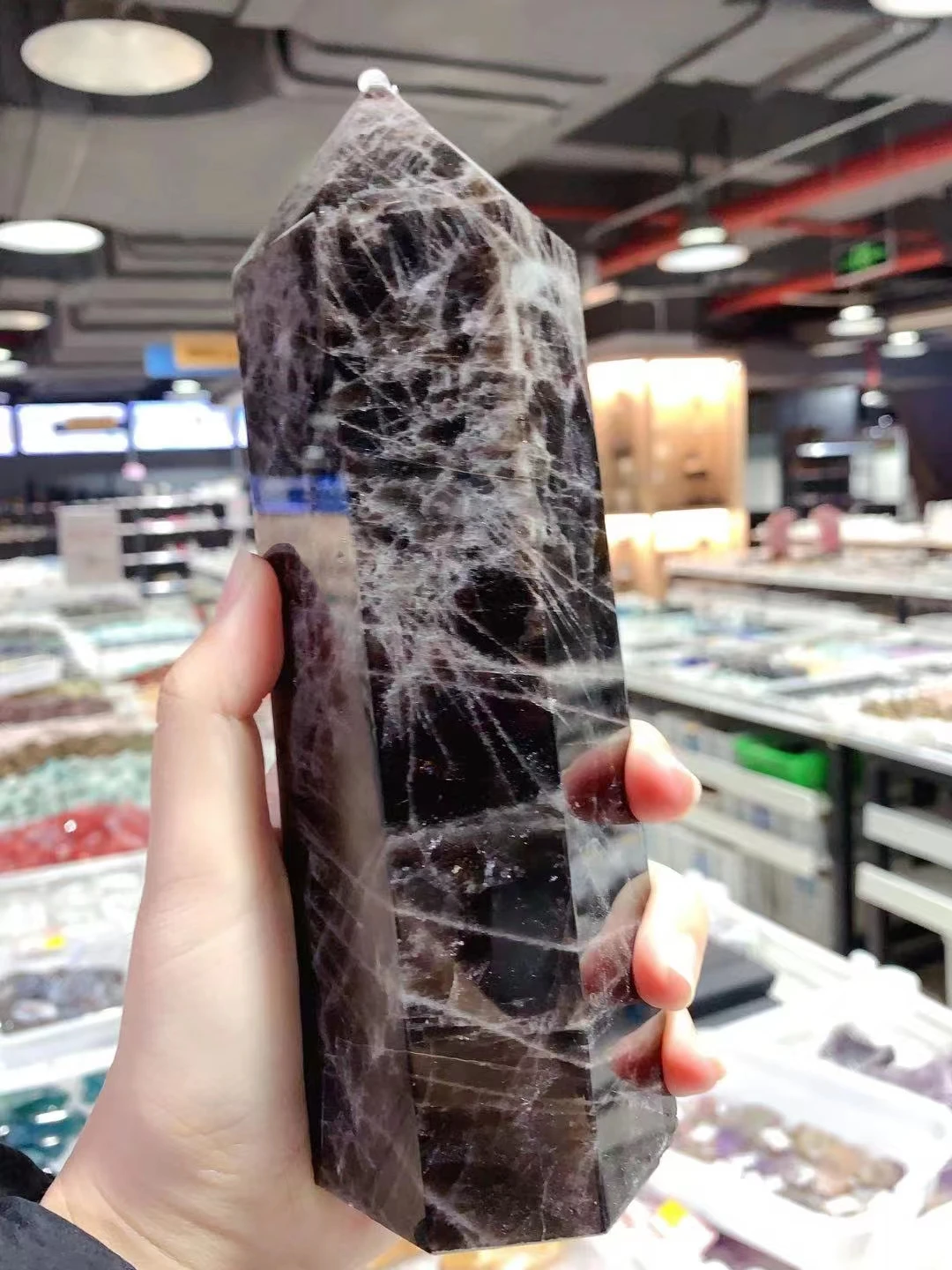 

Natural black Hexagon Point Hand Polished Chakra Healing Crystal Wand Column Mineral Stone Tower Decoration Handicraft
