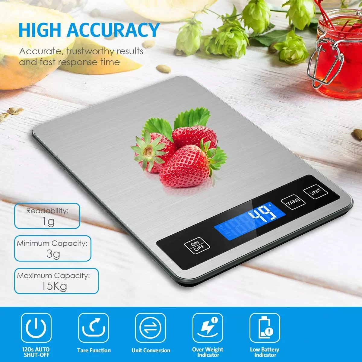 

Food Scale 1g-15kg Digital Kitchen Scale High Accurate Multi-Function Back-Lit LCD Stainless Steel Scale for Cooking Baking