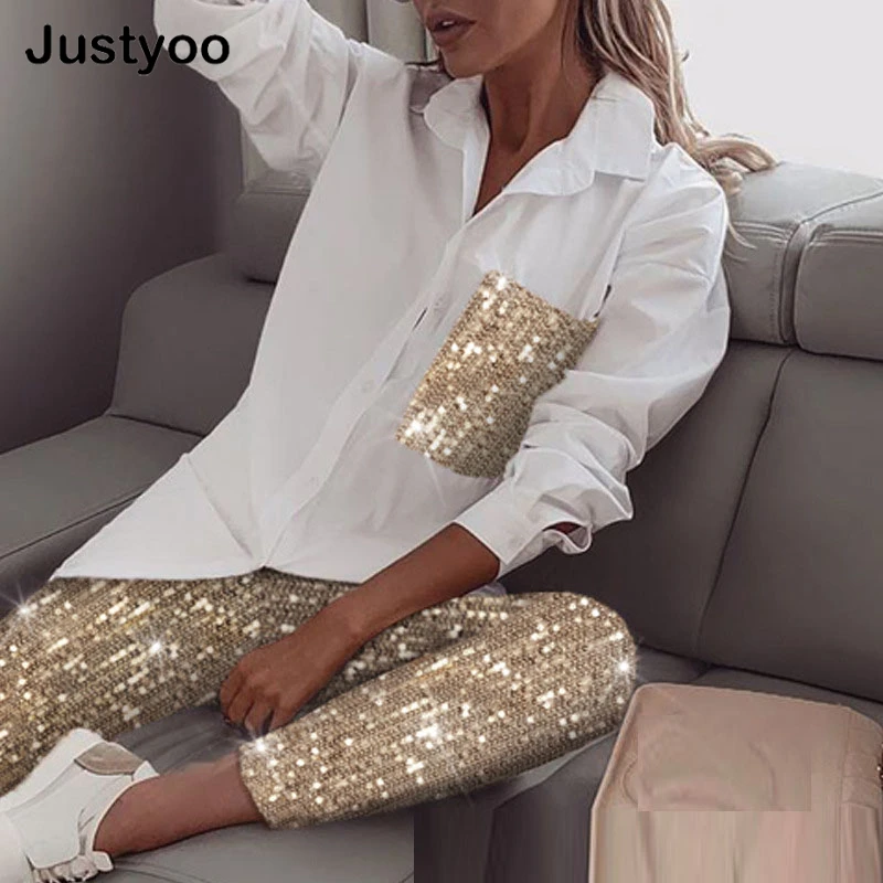 

Elegant 2 Piece Set Women White Long Sleeve Shirt & Glitter Shiny Pant Sets Party Ladies Outfit Ladies Casual Trousers Set 2022