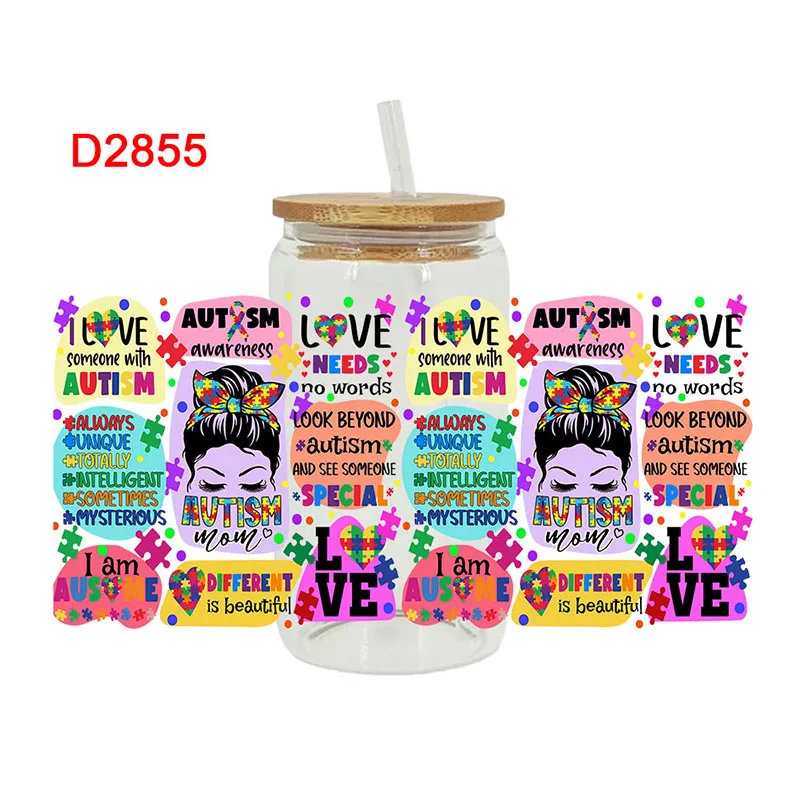 Мультяшный аутизм 3D UV DTF переводная наклейка для 16oz Libbey очки обертывает бутылки