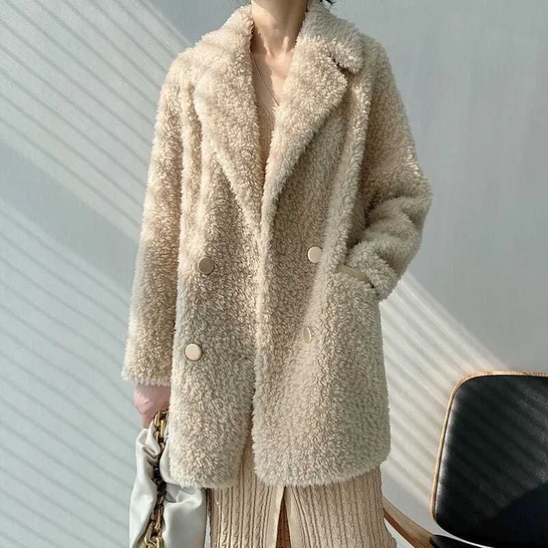 Lamb Fur Coats Fashion Luxury Winter Jacket Women's Coat Double-breasted Woven Natural Wool Fur Lapel Warm Loose Outerwear E534