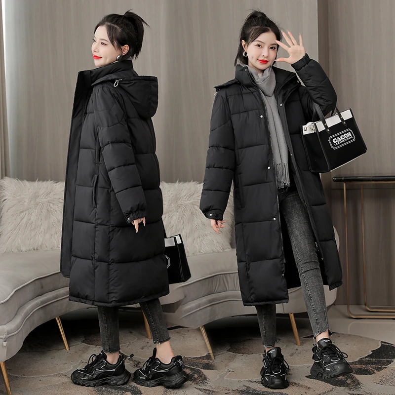 New Khaki Long Puffer Jacket Women Fall Winter 2023 Coats with A Hood Oversized Thicken Warm Parkas Elegant Ladies Outwear