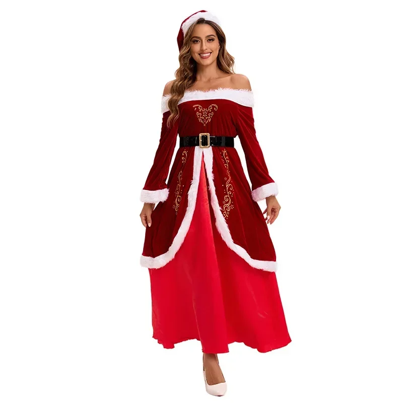 Santa Claus costumes Christmas Adult Women Deluxe Party Role Play Mrs Costume Long Dress Red Velvet