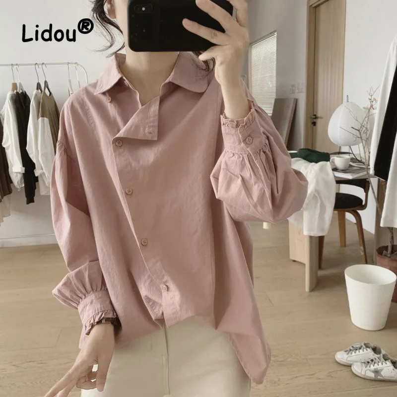 

Casual Personality Irregular Button Shirt New Classic Lantern Sleeve Solid Color Korean Loose Cotton Polo Collar Lady Top 2022