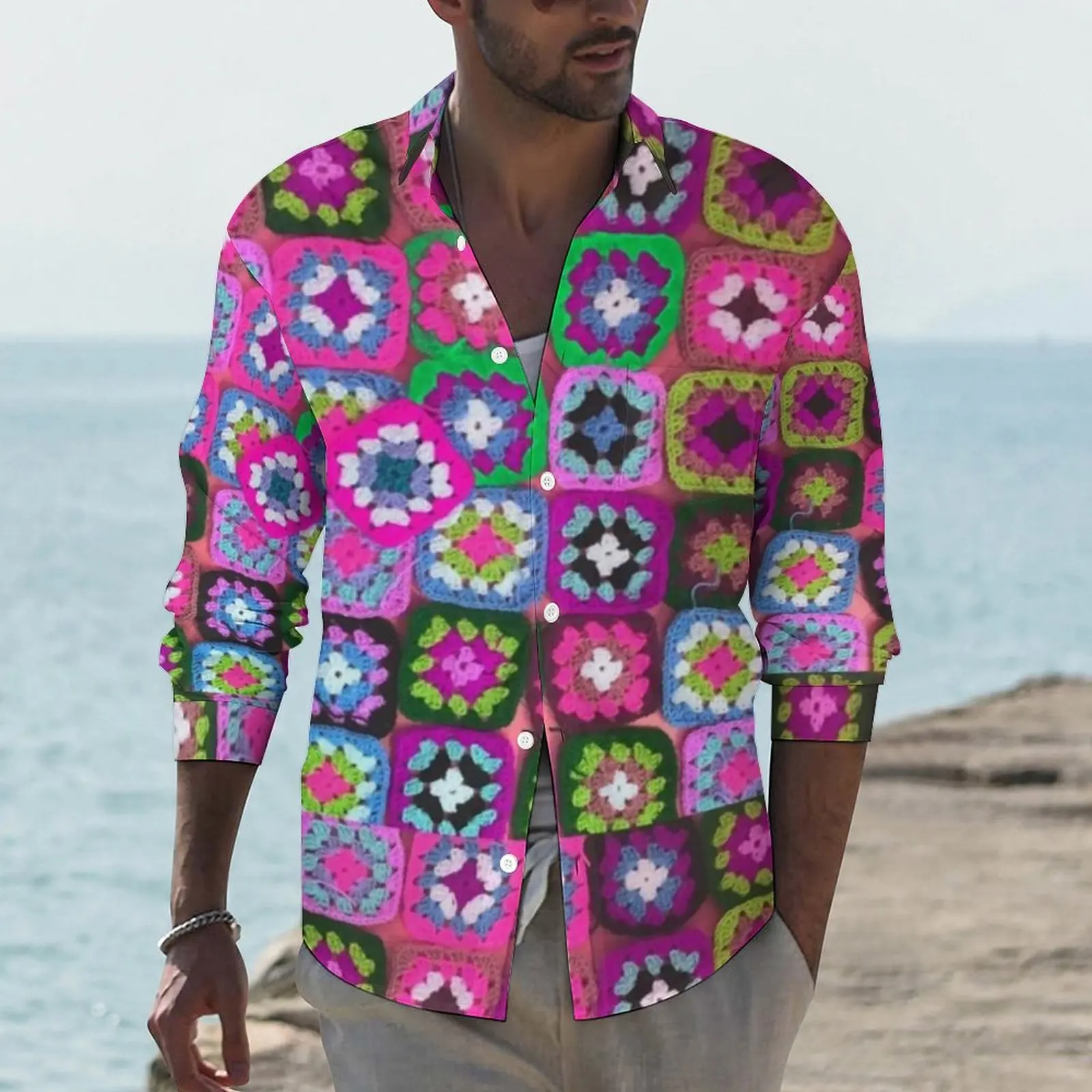 

Hippy Peace Streetwear Casual Shirt Men Square Vintage Print Shirt Autumn Vintage Blouses Long Sleeve Graphic Oversized Tops