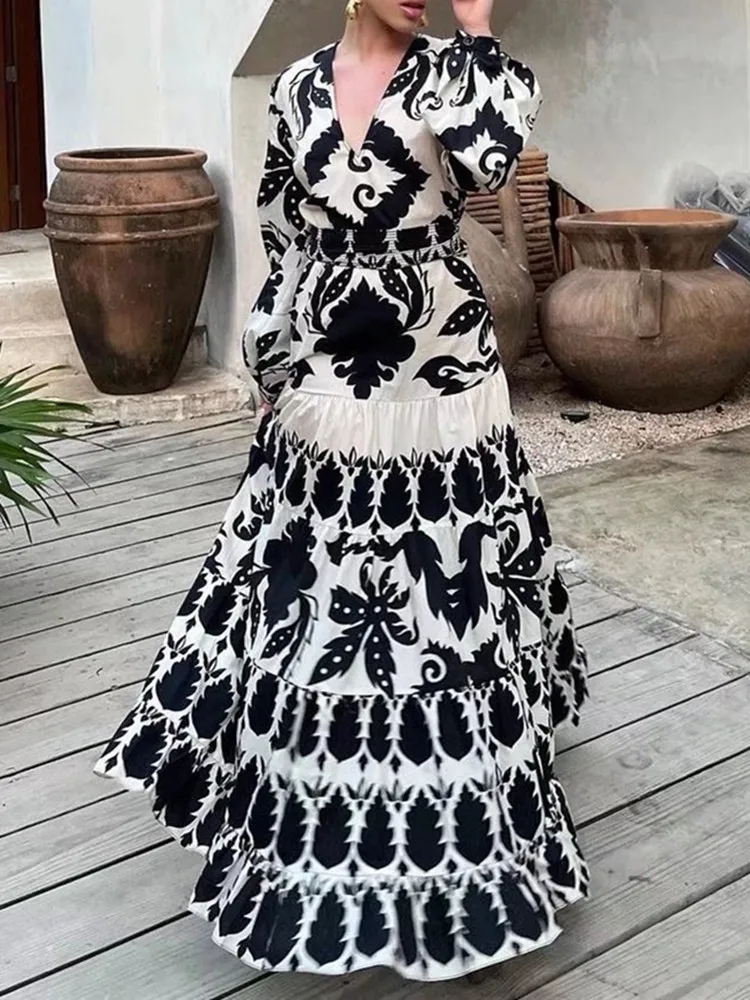 

PUWD Women V Neck Waist Long Sleeve Dress 2022 Spring Fashion Ladies Chinese Style Vintage Dress Female Printed Long Dress