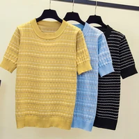 2022 summer striped t shirt women short sleeve tshirt knitted woman clothing ladies tops casual o neck black camisetas de mujer