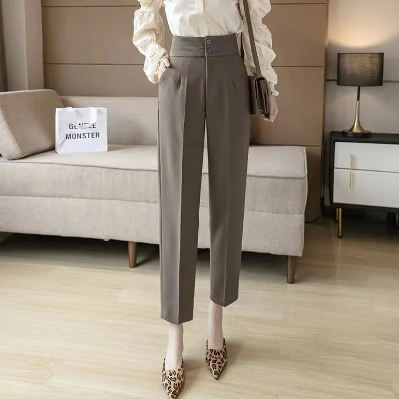 

High Waisted Suit Pants Women 2022 Spring Autumn Straight Tube Loose Drapey Small Feet Nine Points Thin Smoke Pipe Brown Pants