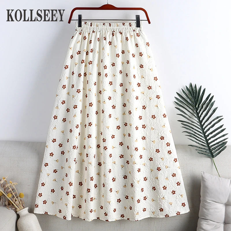 KOLLSEEY Brand 2022 Summer Pleated Skirts Women Chiffon Floral Polka Dot Printed High Waist Midi Skirt Vintage Lining Casual enlarge
