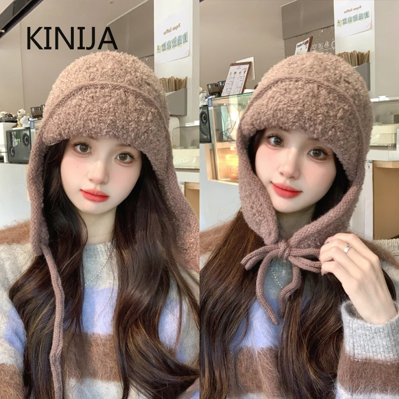 Женская Зимняя Термошапка-бини Вязаная Одноцветная Теплая Защитная Шапка С