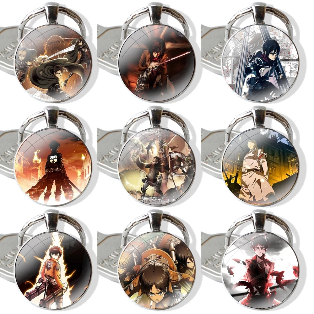 

Pendant Car Key Chains Handmade Glass Cabochon Keychain Cute Fashion Cartoon Lover Japanese Anime Figure Attack On Titan Picture