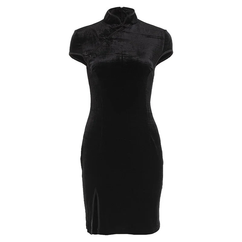 

Women's Self-Made Slim-Fit Turtleneck Cheongsam with Buckle Slimming Slit Dress
