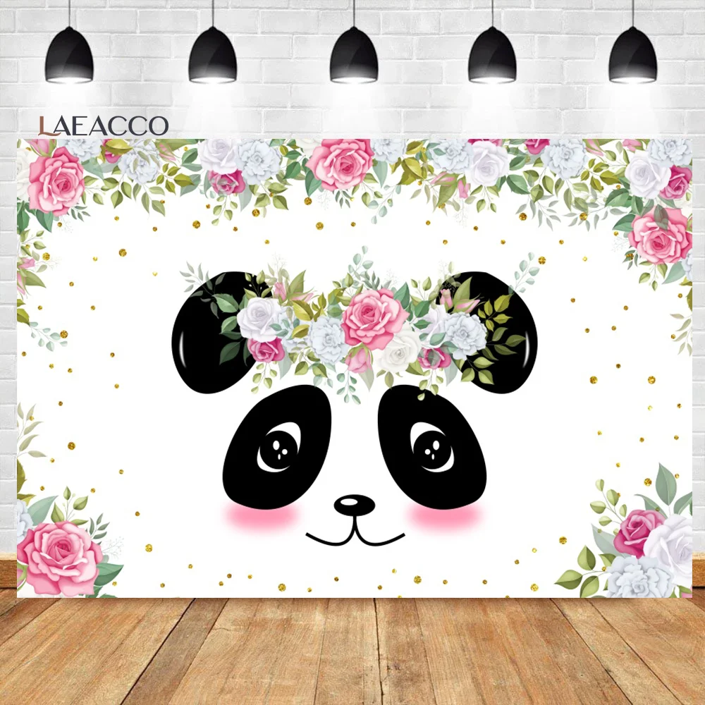 

Laeacco Cute Baby Panda Happy Birthday Backdrop Watercolor Floral Kids Baby Shower Portrait Customized Photography Background