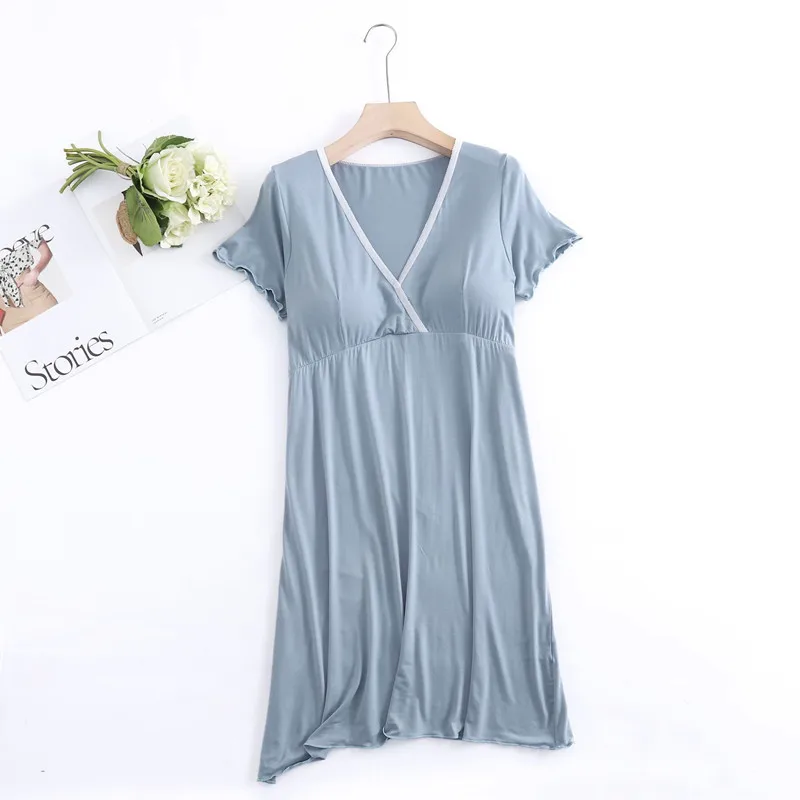 Summer Casual Bra Sleepdress For Pregnant Women Elastic Nightdress Women's Modal V-Neck Short Sleeve Nightwear Fashion Home