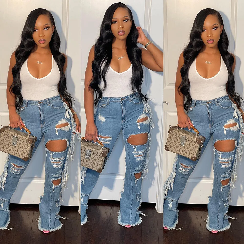 

Echoine Casual Hole Ripped Light Blue Hight Waist Denim Pants Women Party Club Jeans Side Tassel Pants Trousers Streetwear