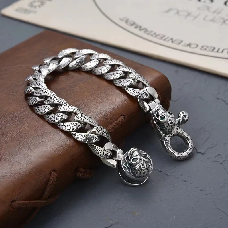 

S925 pure silver Occident personality graffiti skull bracelet male punk fashion bracelet accessories ancient