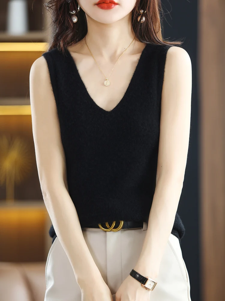 

Addonee Spring Summer V-Neck Cashmere Vest Women Merino Wool Knitted Sleeveless Female Pullover Sweater Shirt Basic Tank Top