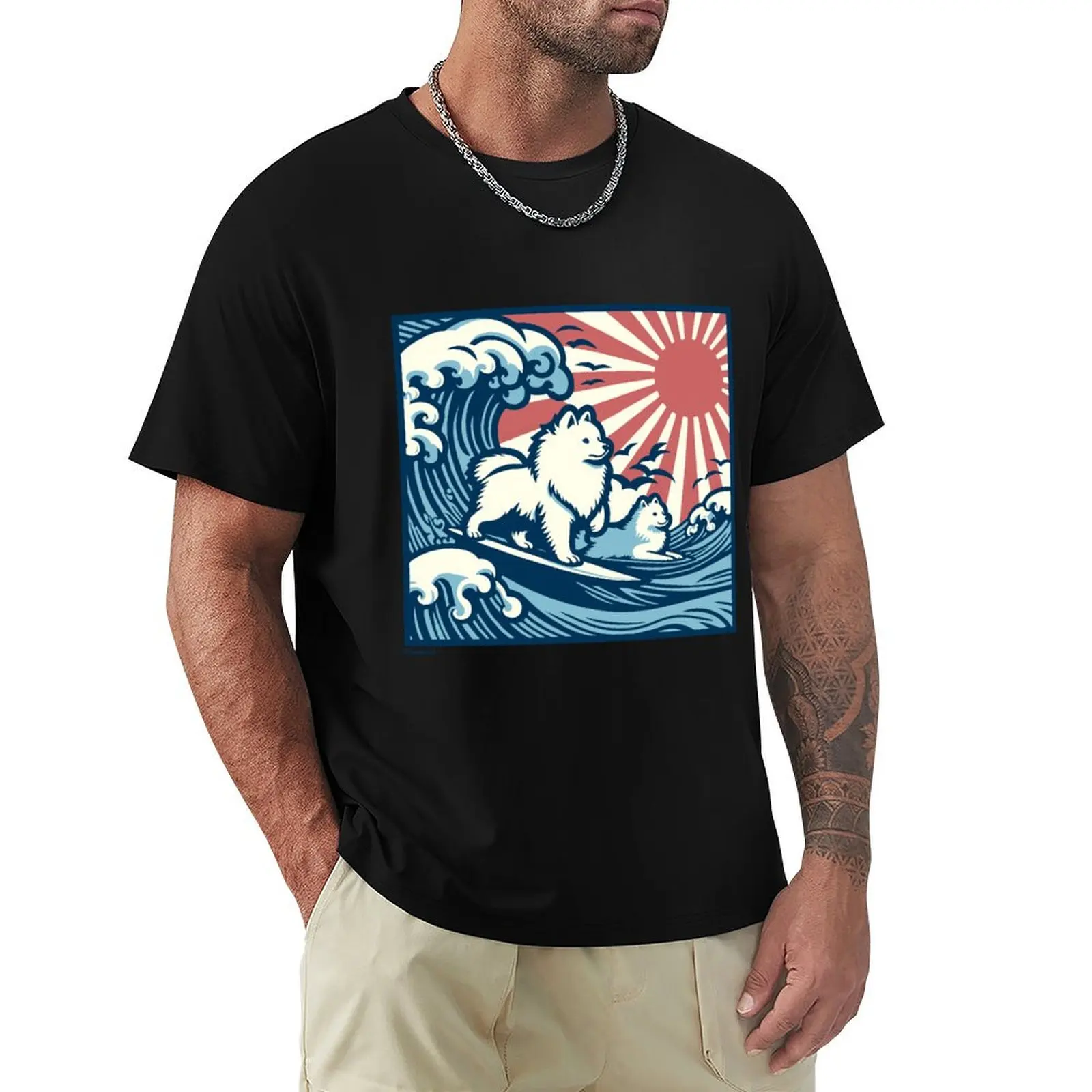 Японские Spitz Dogs surfing the Great Wave - футболка JDM футболки с рисунком для баскетбола
