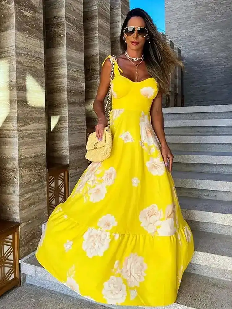 Желтые платья Ral с принтом для женщин элегантное длинное платье без рукавов