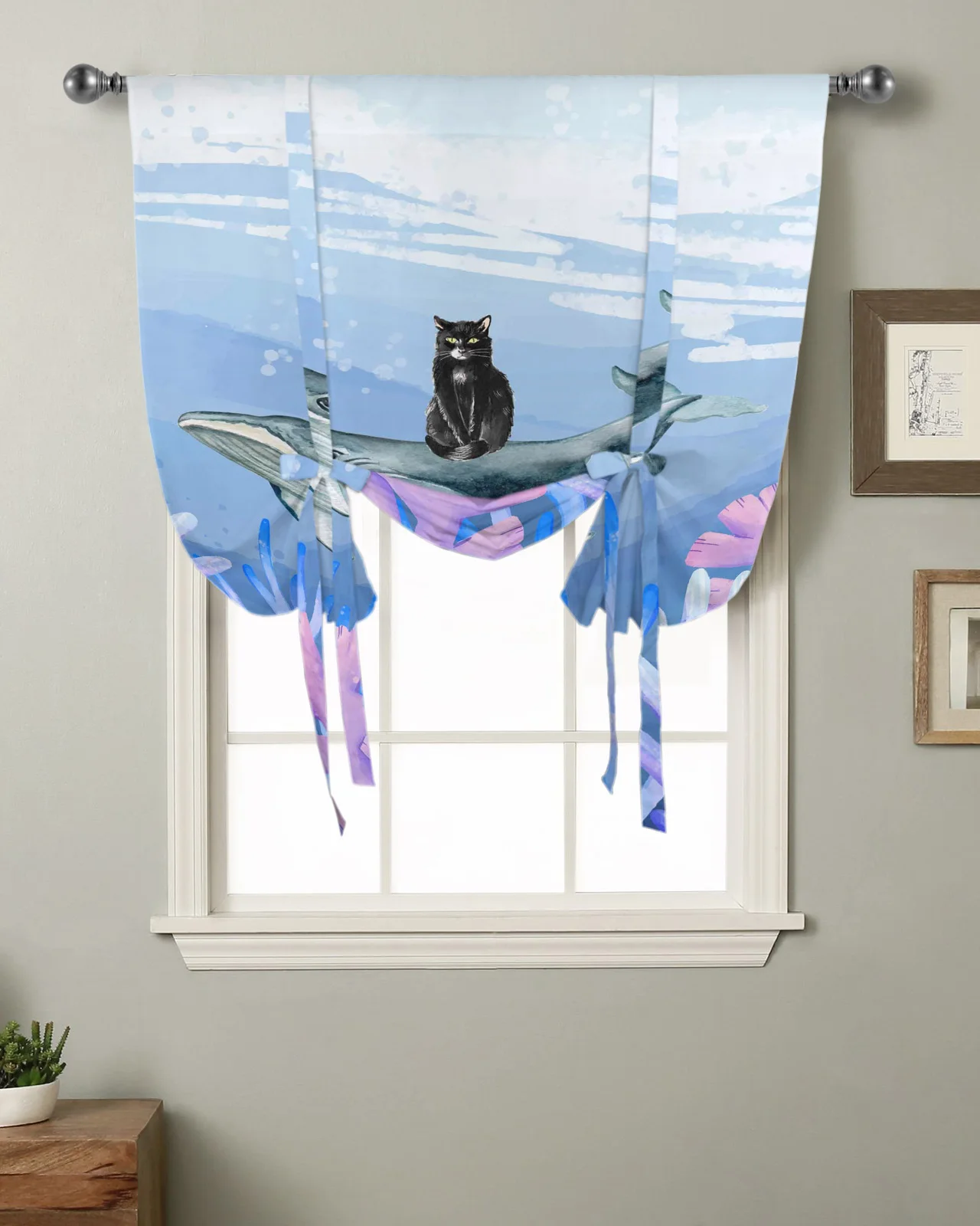 Короткая занавеска на окно с мультипликационным морским Китом для кухни