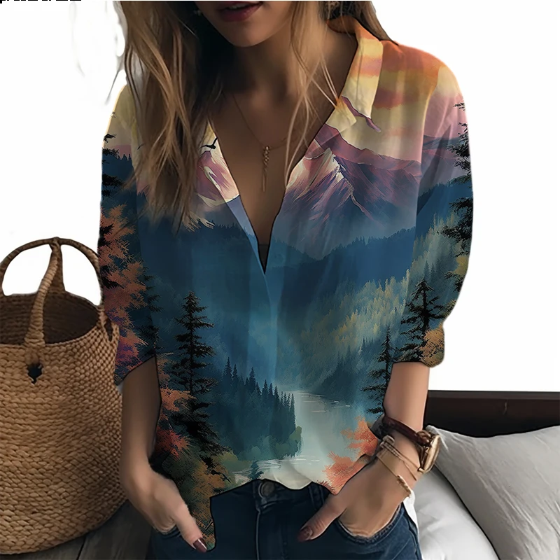 

Summer new lady shirt landscape 3D printed lady shirt casual vacation style ladies shirt fashion trend loose lady shirt