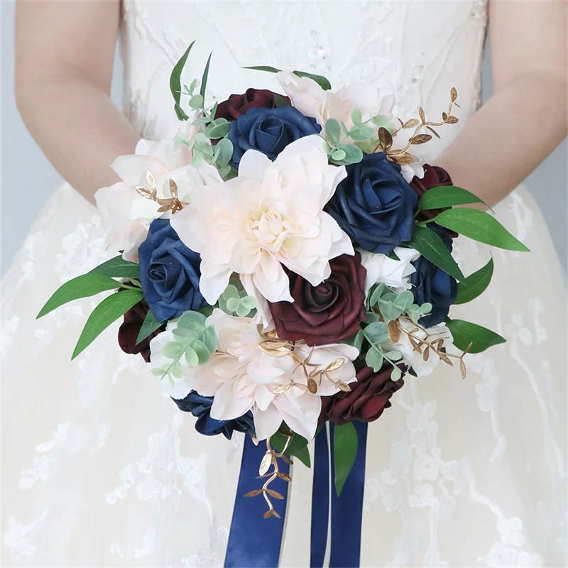 

VOHSIAHPO Bridesmaids Wedding Bouquet Vintage Royal Blue Pink Rose Artificial Flowers Mariage Bouquet Wedding Accessories