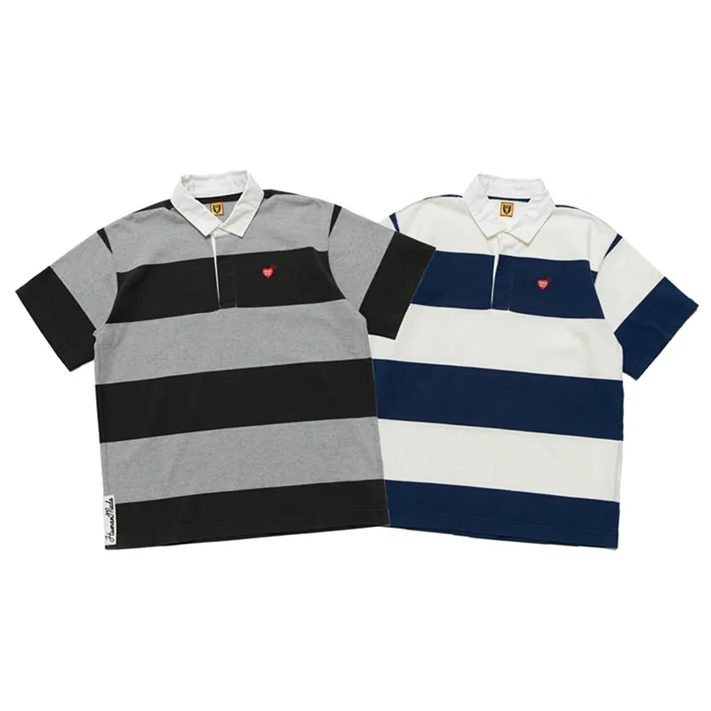 

HUMAN MADE RUGBY S/S SHIRT Contrast Splice Stripe Love POLO Shirt Men's And Women's Short Sleeve T-shirts