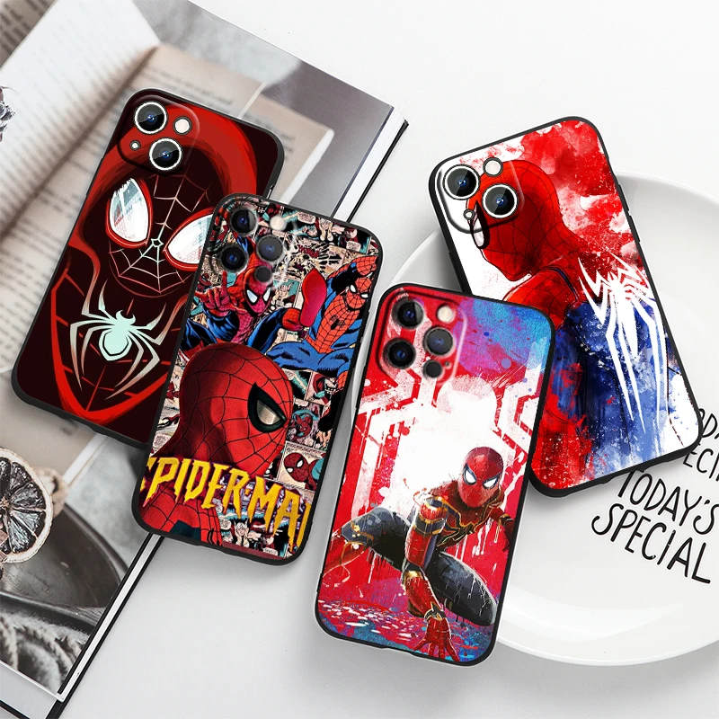 

Marvel Spiderman For Apple iPhone 14 13 12 11 Pro Max Mini XS Max X XR 7 8 Plus 5S Silicone Black Phone Case Coque Capa Fundas