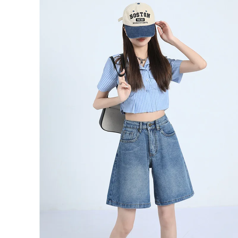 

Корейские стильные женские короткие джинсовые брюки, узкие брюки до колен с высокой талией, потертые синие джинсовые широкие брюки, классические женские брюки C5136