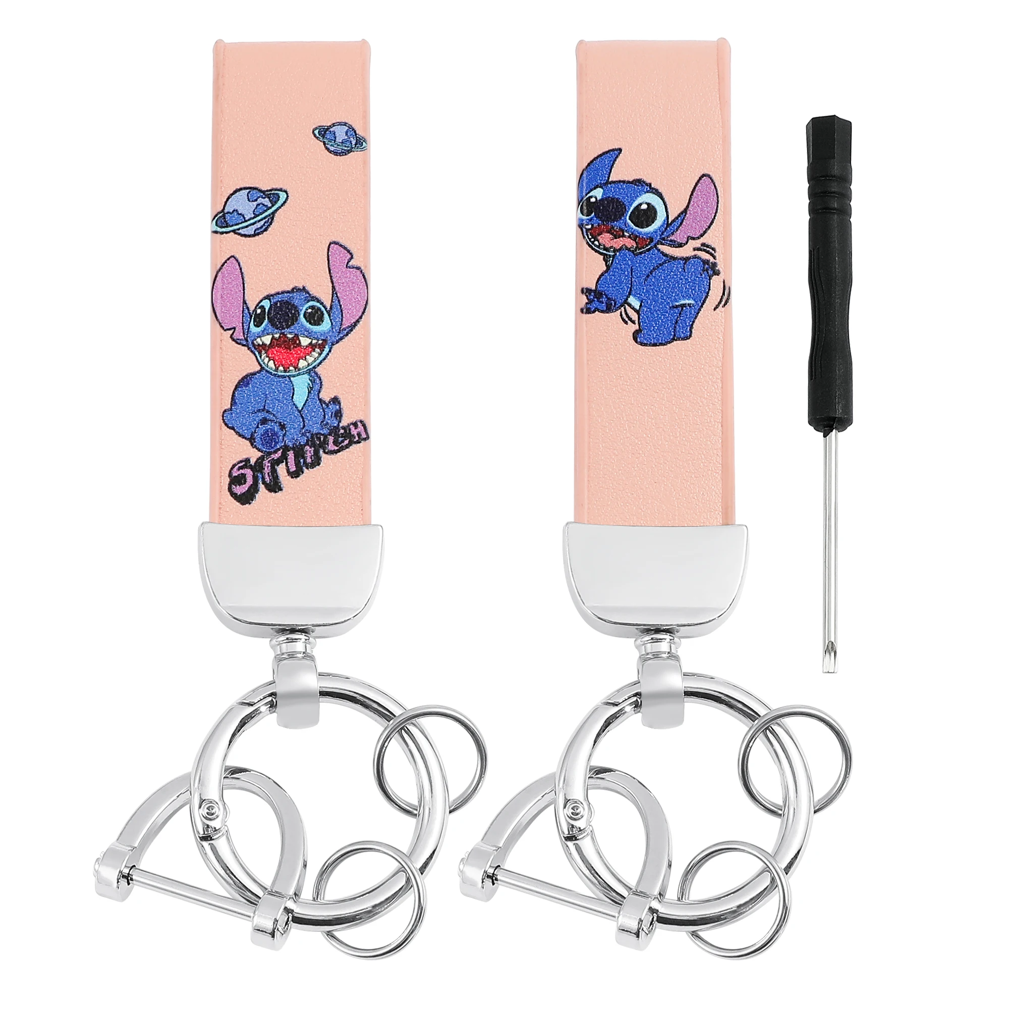 

Disney Cartoon Lilo & Stitch Keychain Genuine Leather Lanyard Keychain Cute Stitch Printed Leather Keyring for Backpack Ornament