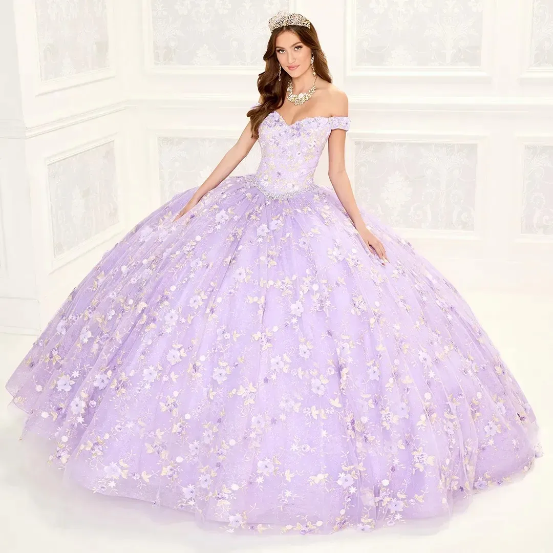 

Lavender Charro Quinceanera Dresses Ball Gown Off The Shoulder Tulle Appliques Lace Puffy Mexican Sweet 16 Dresses 15 Anos