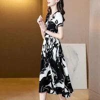 chiffon print dress womens spring and summer 2022 new commuter v neck high end luxury floral print mid length thin a line skirt