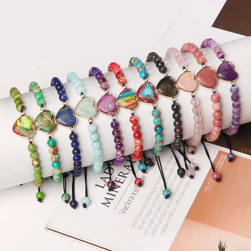 

2023 Natural Stone Beaded Bracelet for Women Men Retro Quartz Imperial Jasper Heart Handmade Wax Rope Bracelet Wholesale