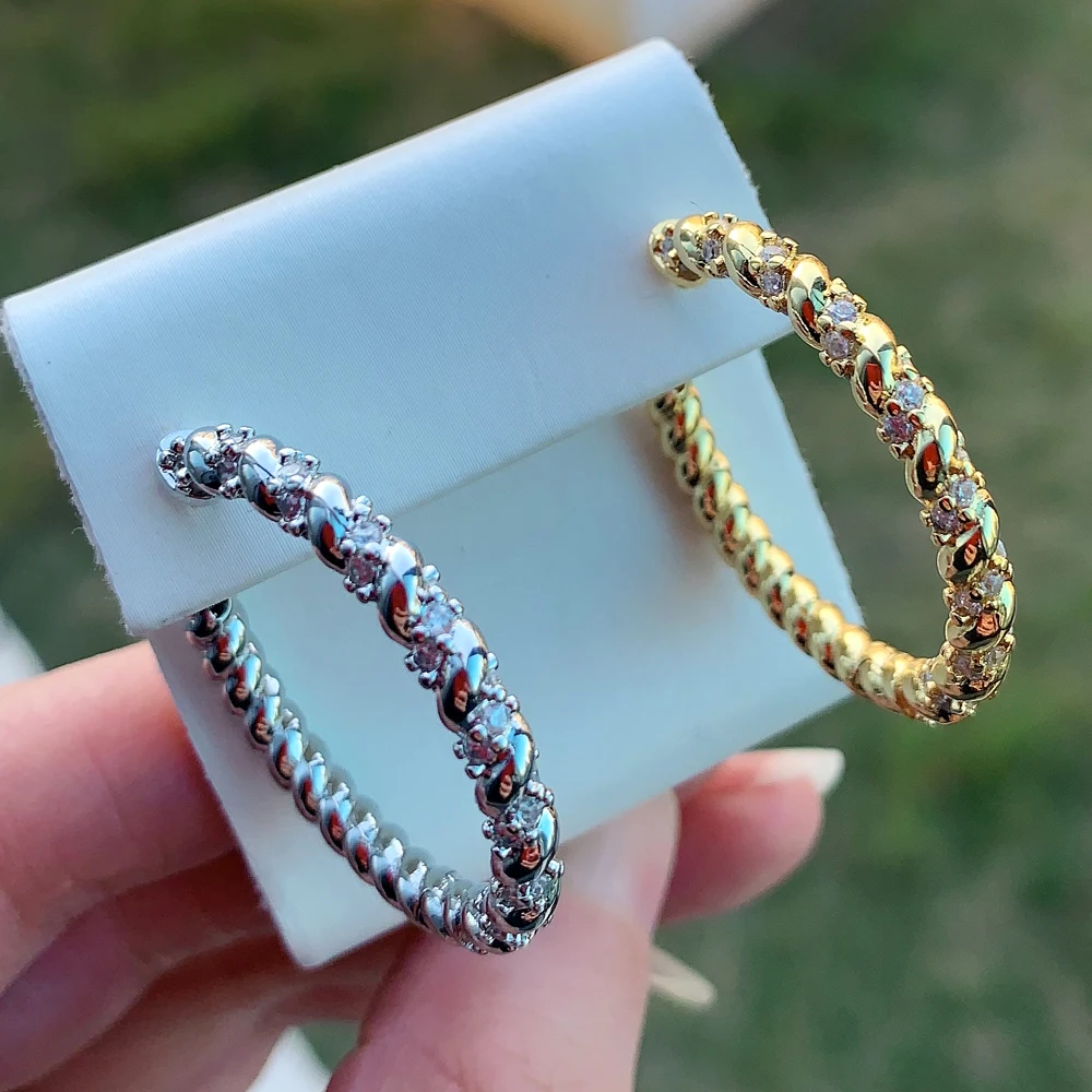 

2024 New Fashion Gold Color Micro Pave White CZ Rope Chain Band 20mm 32mm Small Medium Hoop Earring