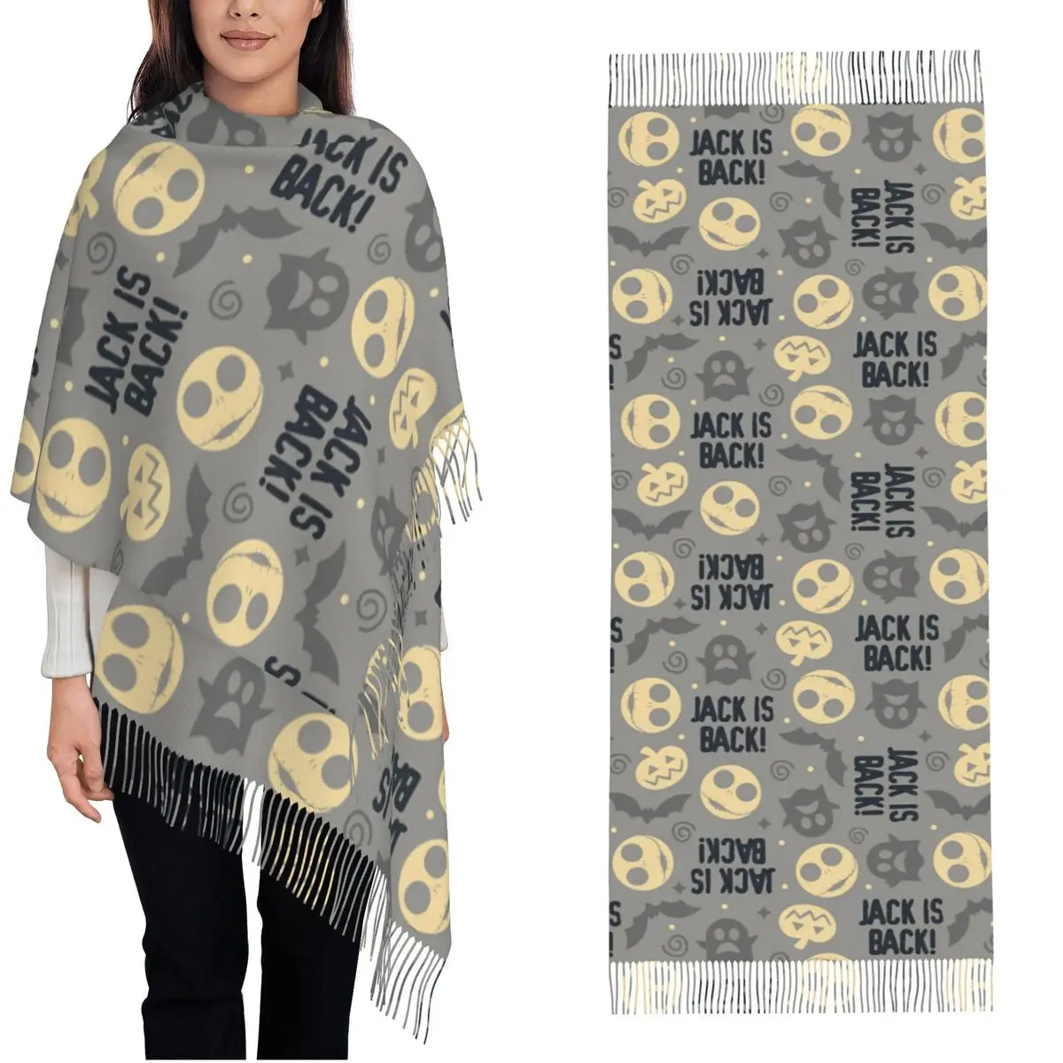 The Nightmare Before Christmas Scarf Women Warm Winter Pashmina Shawl Wrap Jack Skellington Cartoon Long Large Scarves Tassel
