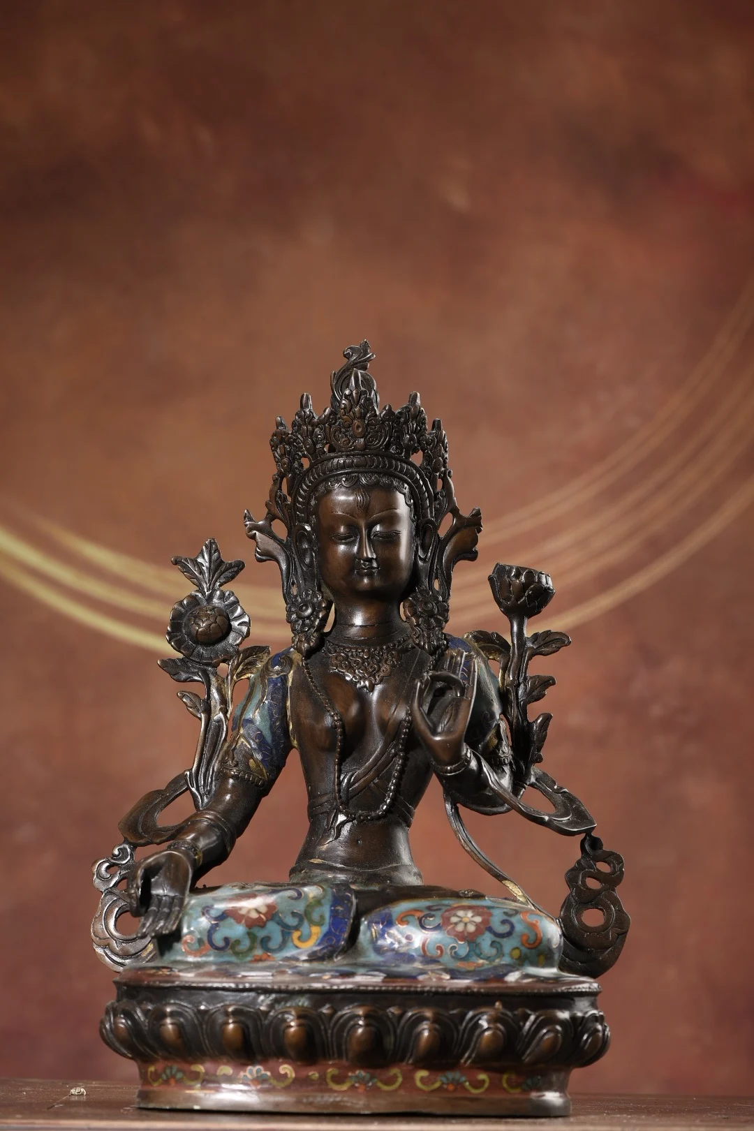 

13"Tibet Temple Collection Old Bronze Cloisonne Enamel Flower texture White Tara Lotus Terrace Sitting Buddha Worship Hall