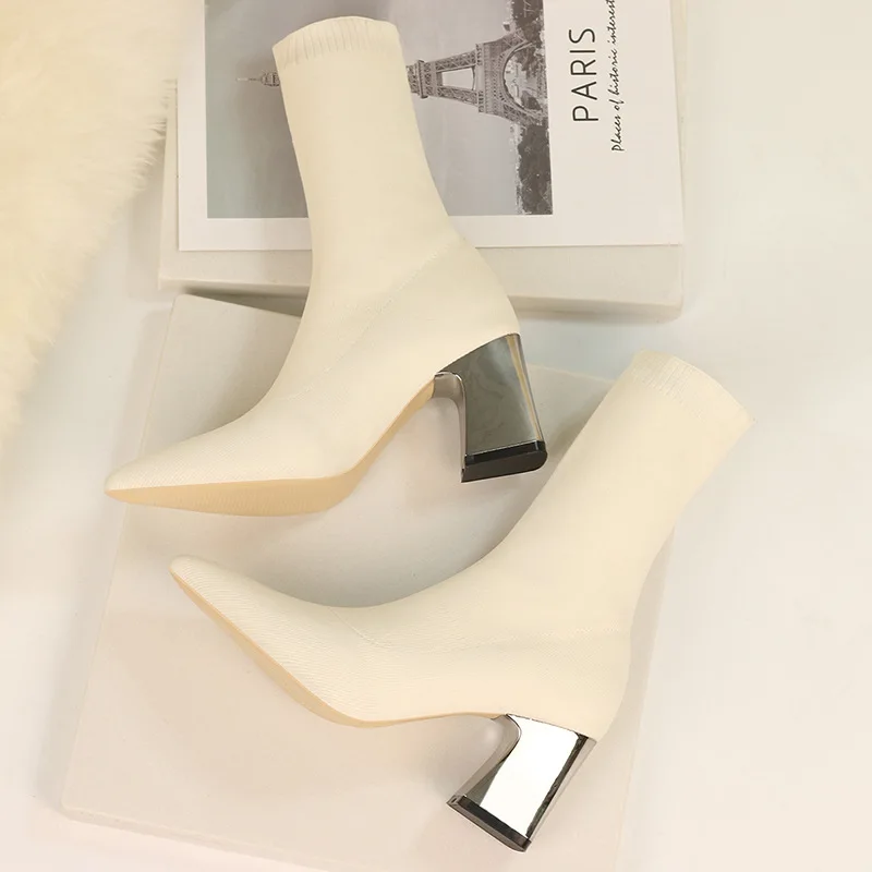 Luxury Women Sock Boots Square Heels Sexy Ladies Party Shoes Knitting Stretch 2022 Autumn Winter Booties Ankle Boots Female