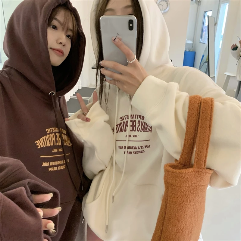 Brown Sweatshirt Women Hooded Letter Printing Fashion Hip Hop Oversized Leisure Loose Winter New Long Sleeves Tops Pullover