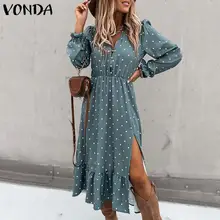 VONDA Vestido de verano largo de lunares para mujer, traje Sexy bohemio con escote en V, dobladillo dividido, con volantes, para fiesta, 2022 (3)
