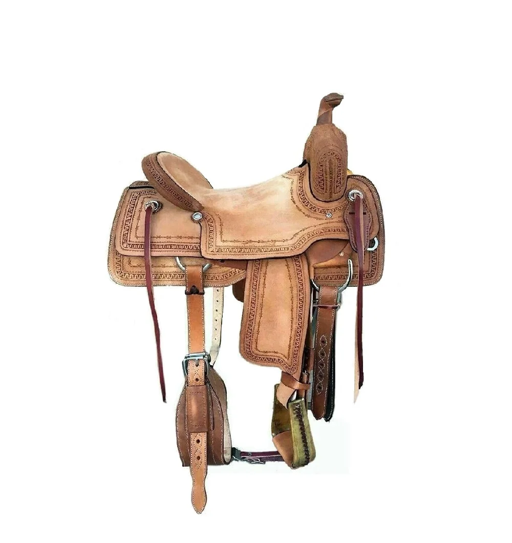 

Кожаное седло для лошадей с ручной резьбой в западном стиле ранчо с подходящим головным убором, нагрудным ремнем, поводками и задним ремнем
