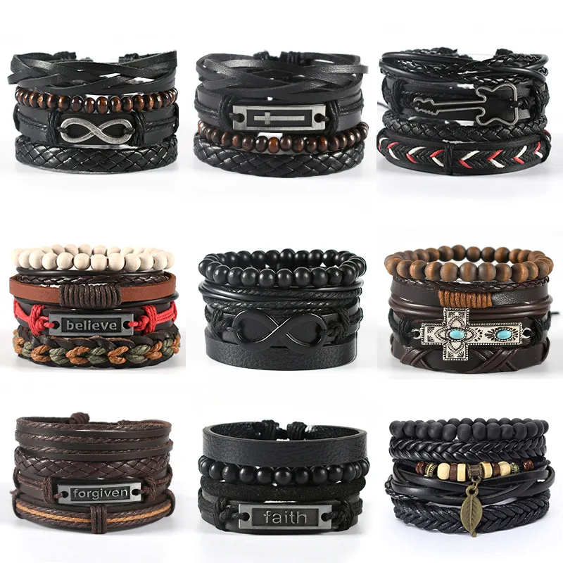 

Hot selling vintage multilayer woven leather bracelet men's wooden beads bracelet handmade owl anchor charm bracelet gemstones