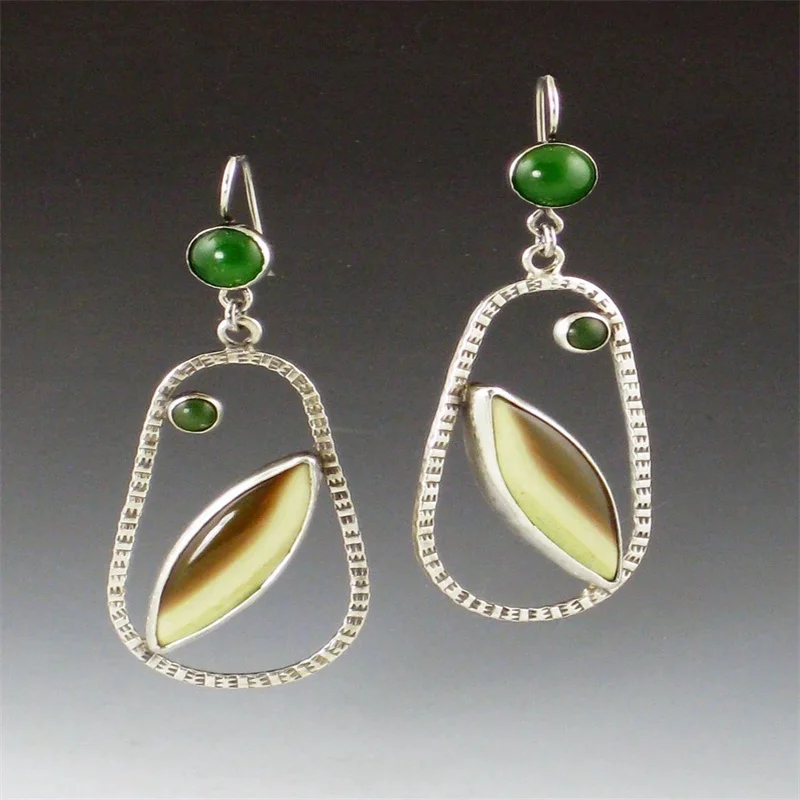 

European and American Fashion Design Sense Simple Ancient Silver Earrings Long Section Face Slim Inlaid Jewelry Accessories