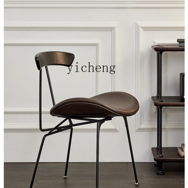 

YY Solid Wood Loft Retro Iron Art Genuine Leather Backrest for Dining Chair Soft Chair