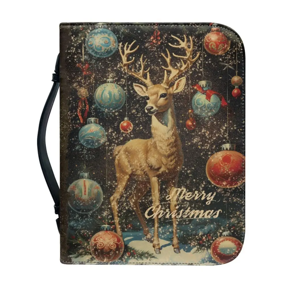 

Customized Christmas Merry Deer Print Zipper Bible Handbag PU Bible Church Outgoing Multifunctional Portable Protective Bag