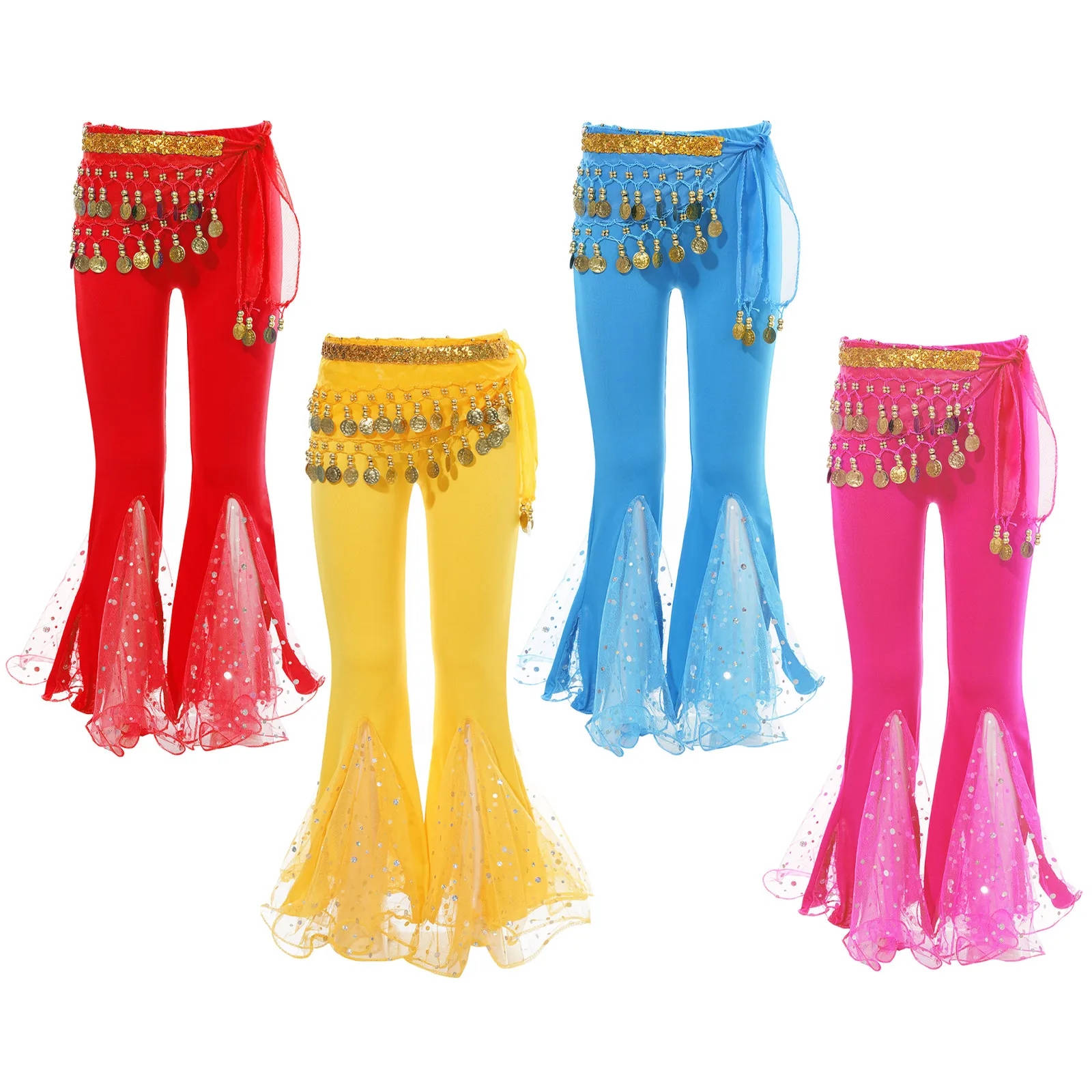 Belly Dance Dancing Performance Wear Clothes Fish Tail Pants Tulle Splice Trousers Bell-bottom Pants with Hip Scarf 2pcs/set images - 6