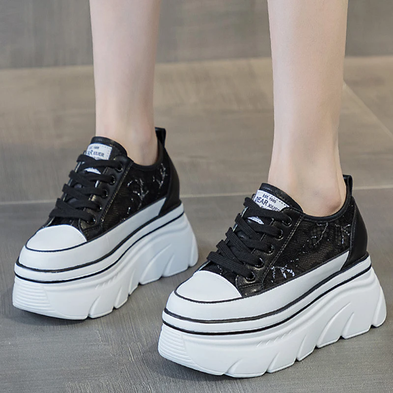 2023 New 7cm Lace Air Mesh Chunky Sneakers Wedge Platform Breathable Hollow Vulcanized Summer Fashion Genuine Leather Ladies