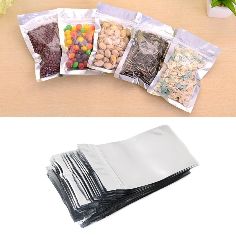 

50 Pcs 8.5x14cm Silver Aluminum Foil Mylar Recloeable Bag Front Clear Leak Proof TOP ones