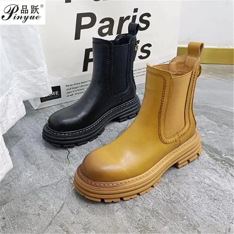 

Осенние новые эластичные ботинки из натуральной кожи для дымохода спереди, желтые ботинки Martens на платформе с Круглым Верхом, женские ботин...