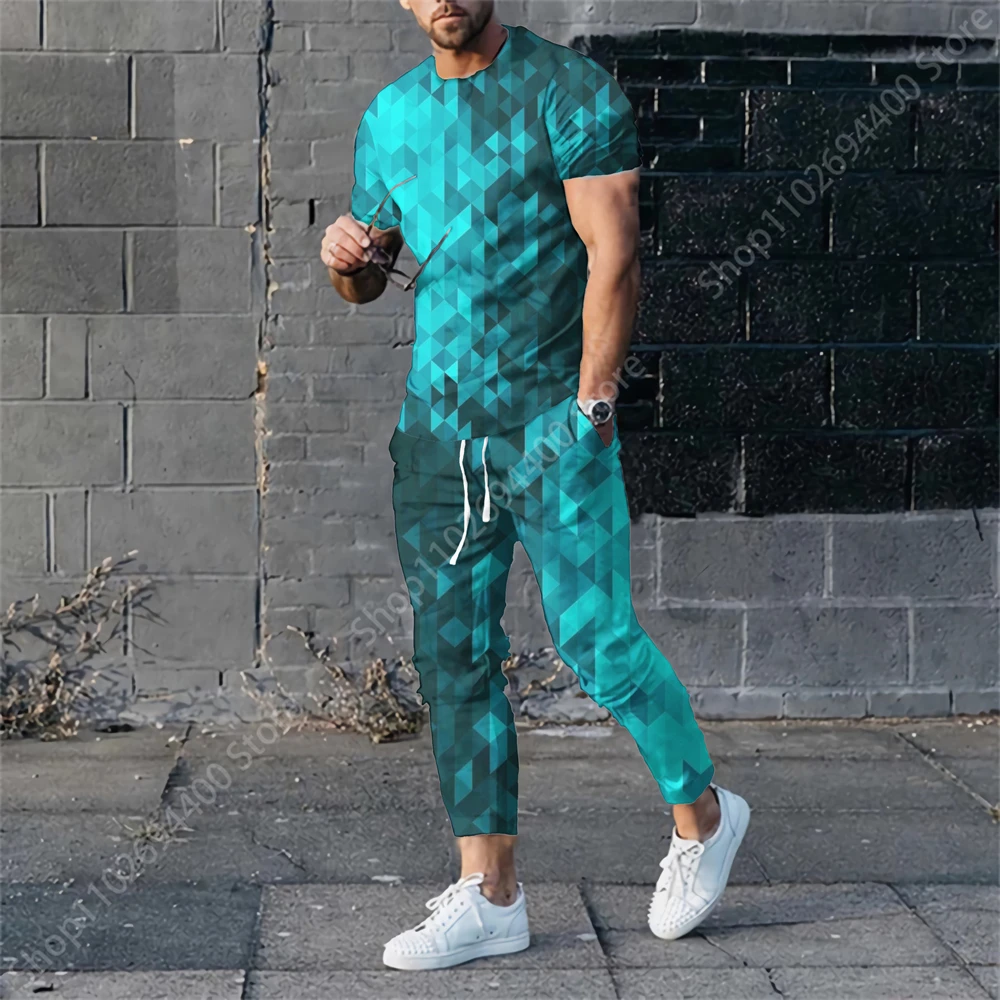 2023 New Men's Trousers Tracksuit 2 Piece Set Fashion Colour Print Summer Short Sleeve T Shirt+Long Pants Street Unisex Clothes