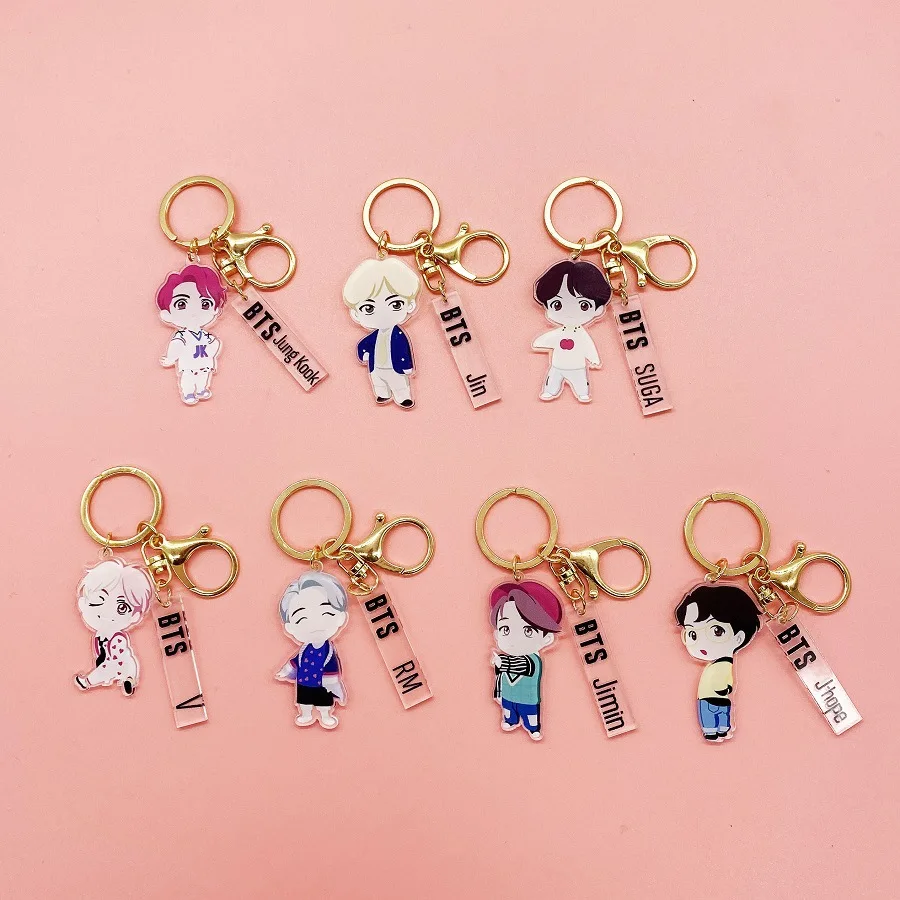 

KPOP Bangtan Boys Acrylic Keychain JIMIN JUNGKOOK V RM J-HOPE Cartoon Keyring Key Chain Accessories Cute Bag Accessories